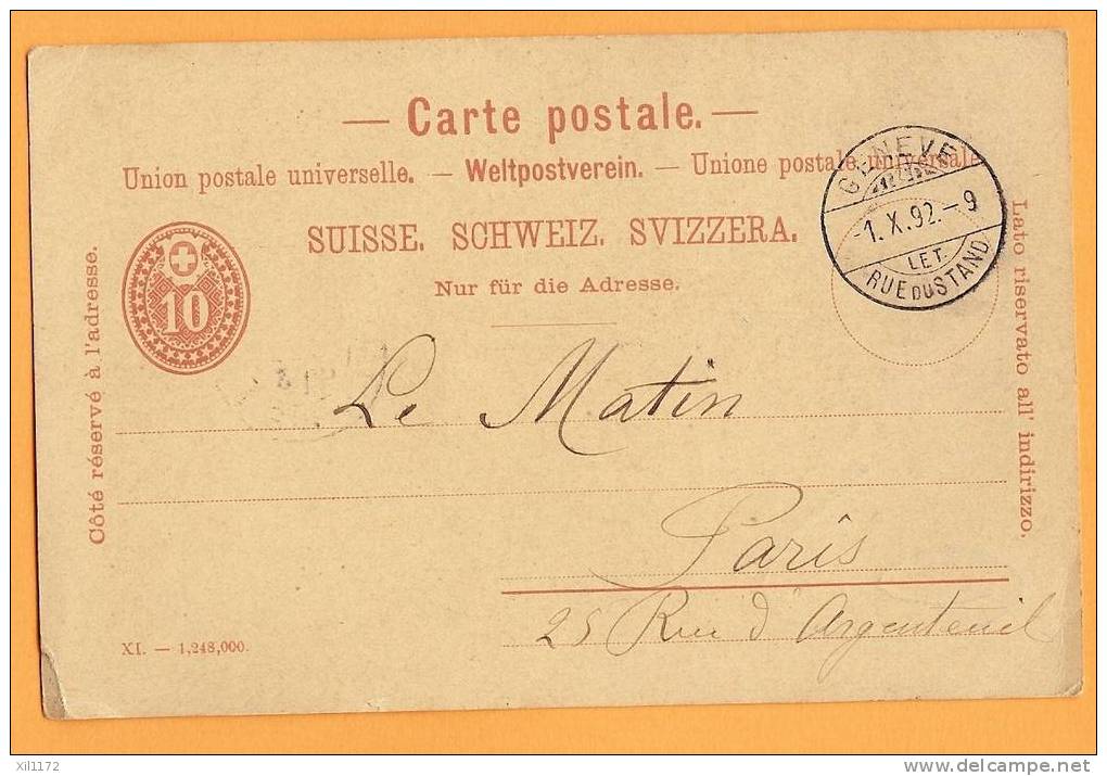 D175, Carte Postale Expédiée En 1892 De Genève Au Journal Le Matin à Paris Par Agence Des Journaux. Voir Description.. - Entiers Postaux
