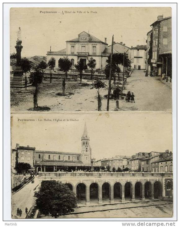 2 Vues PUYLAURENS   CARTE LETTRE  Hotel De Ville Et Poste + Les Halles église Et Clocher - Puylaurens