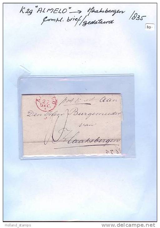 VOORFILATELIE GEDATEERDE HANDGESCHREVEN BRIEF (213) Van ALMELO Naar BURGEMEESTER HAAKSBERGEN  26-12-1835. PORT 15 CENT - ...-1852 Prephilately