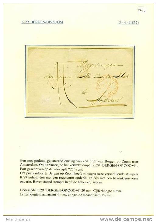 VOORFILATELIE POTLOOD GEDATEERDE BRIEFOMSLAG (216) Van BERGEN Op ZOOM Naar AMSTERDAM 13-04-(1837) PORT 25 CENT - ...-1852 Voorlopers