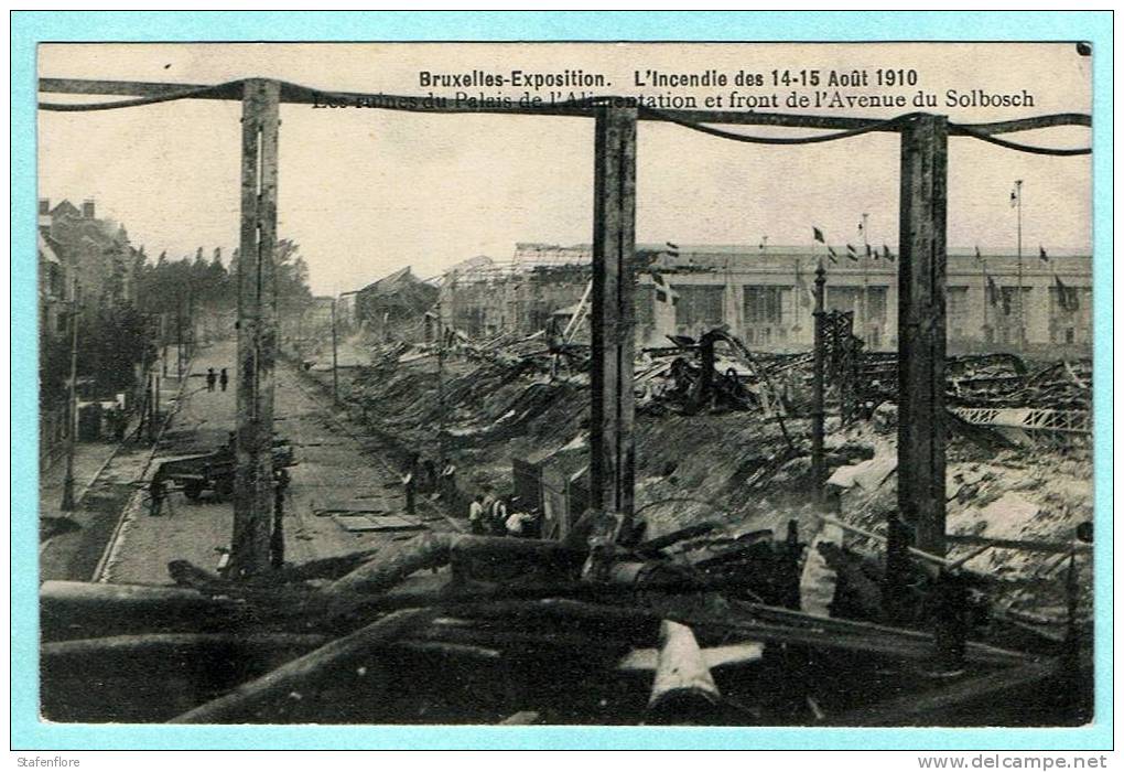 L'INCENDIE DE L'EXPOSITION MONDIALE A  BRUXELLES EN 1910  AVENUE SOLBOSCH PALAIS DE L'ALIMENTATION - Catastrophes