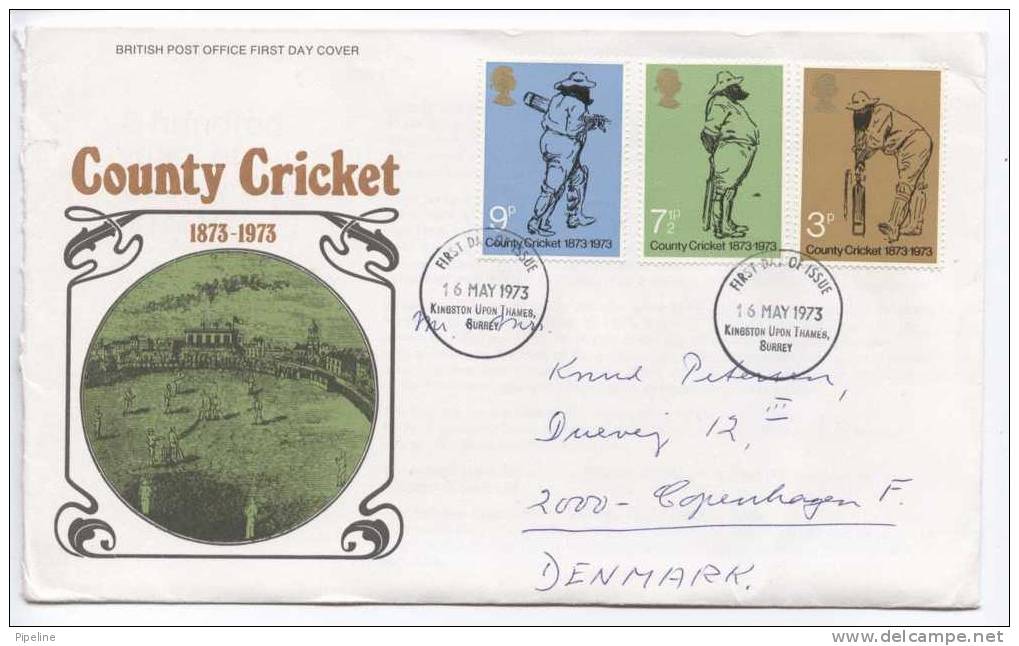 Great Britain FDC COUNTY CRICKET 1873 - 1973 Sent To Denmark - 1971-1980 Decimal Issues