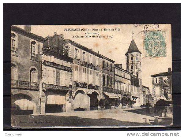 32 FLEURANCE Place De L'Hotel De Ville, Clocher, XIVème, Felix Potin, Machines Agricoles, Ed Barrieu, 1906 - Fleurance