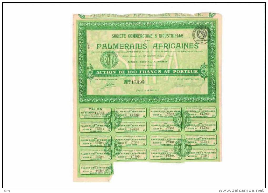 Palmeraies Africaines - Action De 100 Francs 18 Mai 1920 - Agricoltura