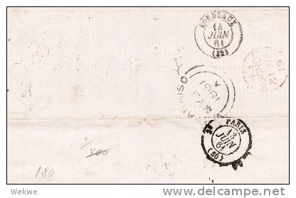 BD089/ Valparaiso (rot) B.P.O.1861 (schwarz) Nach Bordeaux, Franz. Taxvermerk - Cartas & Documentos