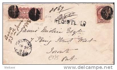 C-V007b/  KANADA -.  Nice Registered  Letter, Calt, Ontario 1882, 3 Cent Victoria + F 1 A - Covers & Documents