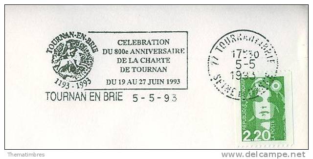 SD0868 Celebration Du 800eme Anniversaire De La Charte  Monnaie Flamme 1993 Tournan En Brie - Monnaies