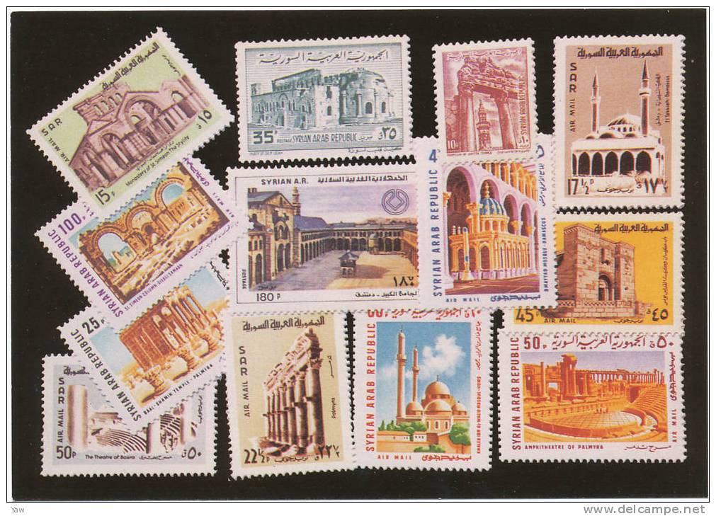 CP FRANCOBOLLI  MONUMENTI FAMOSI DAMASCO ALEPPO PALMIRA. BELLISSIMA CARTOLINA - Stamps (pictures)