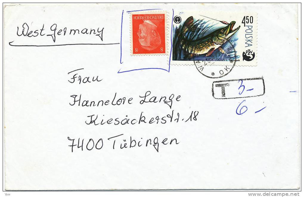 POLONIA 1979  LETTERA DA VARSAVIA A TUBINGEN - GERMANIA: AFFRANCATURA INSUFFICIENTE + TASSA PER FRANCOBOLLO NON POLACCO - Variétés & Curiosités