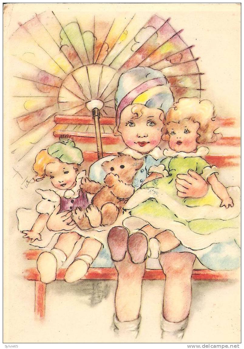 CPSM ENFANTS ILLUSTREE-une Petite Fille Avec Une Ombrelle,2 Poupées Et Un Ours  En Peluche - Other & Unclassified