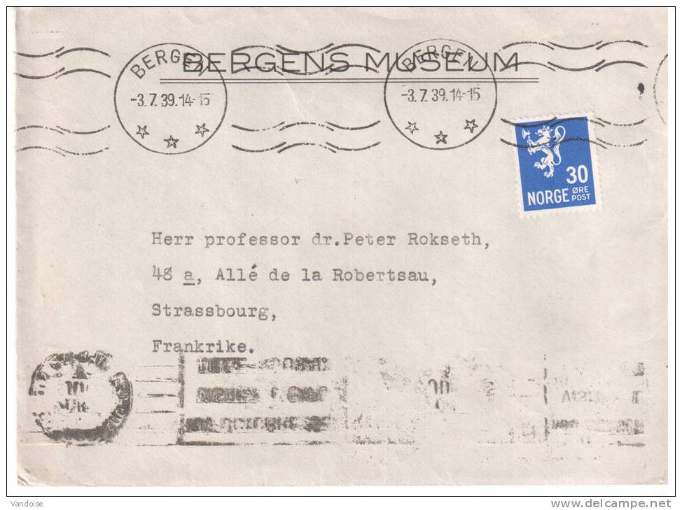 NORVEGE LETTRE  DE 1939 POUR LA FRANCE - Storia Postale