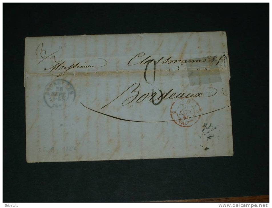 (466) Old Stampless Cover From Bruxelles(Belgium-09/25/1856)to Bordeaux(France) - 1830-1849 (Independent Belgium)
