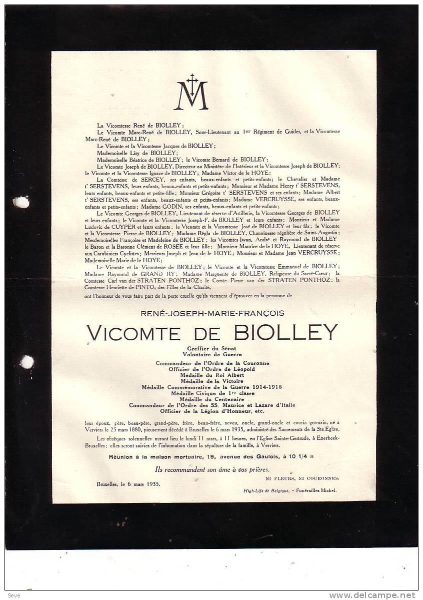 VERVIERS Vicomte René De BIOLLEY 1880-1935 Faire-part Mortuaire Greffier Du Sénat - Avvisi Di Necrologio