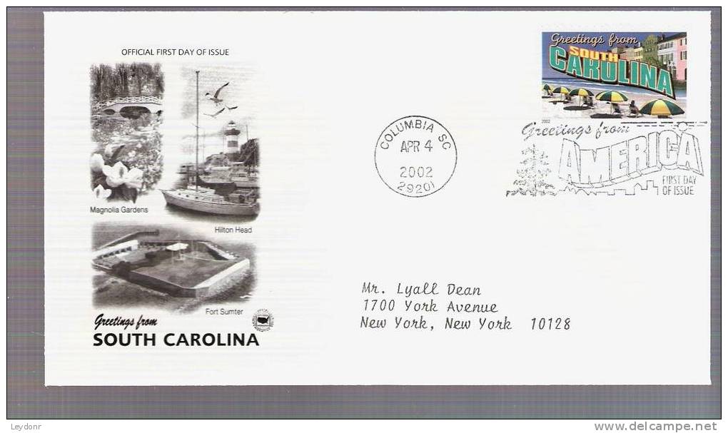 FDC Greetings From America Series - South Carolina - Scott # 3600 - 2001-2010