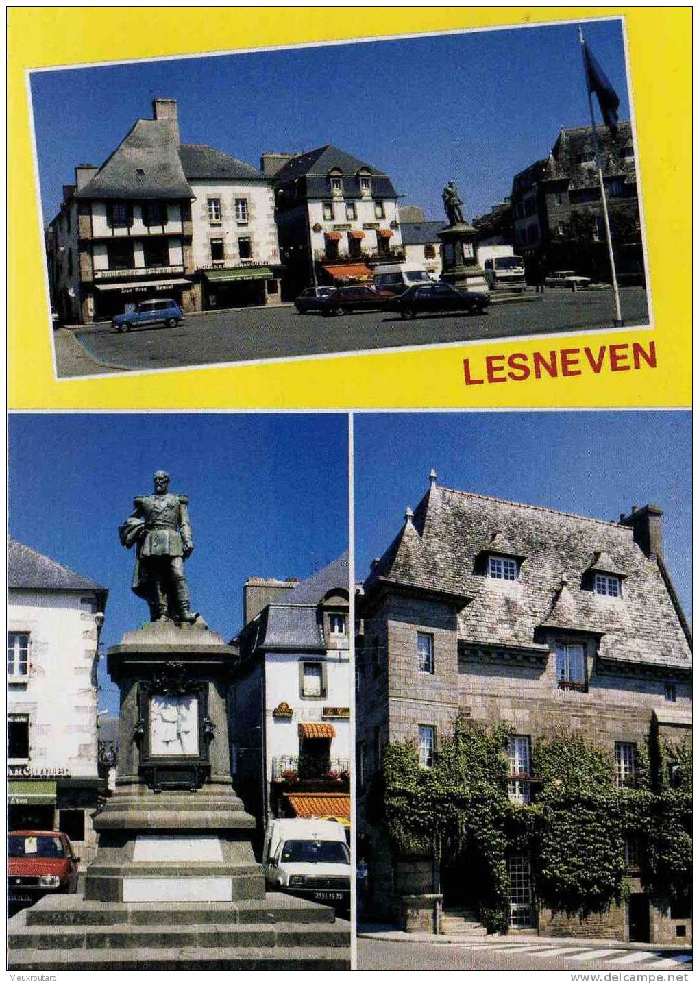 CPSM.  LESNEVEN. VUES DIVERSES DE LA PLACE DU GL. LE FLO ET SA STATUE. DATEE 1991. - Lesneven