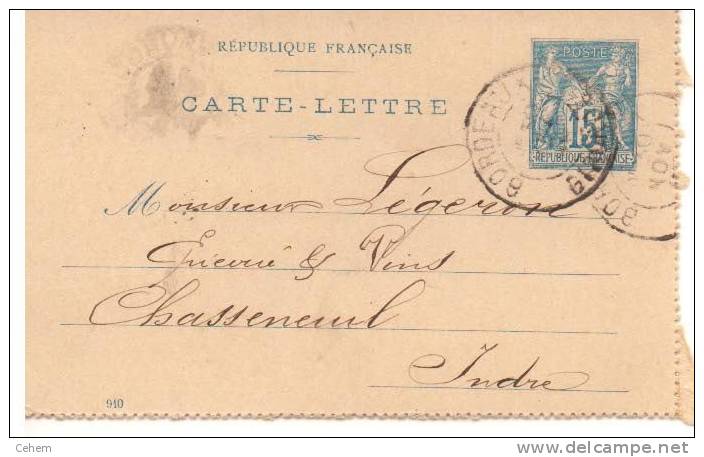 CARTE LETTRE ENTIER SAGE 15 C BORDEAUX 1899 POUR CHASSENEUIL INDRE  /   100 - Letter Cards