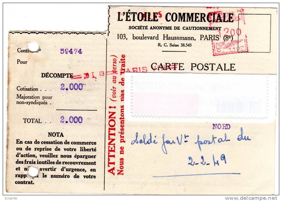 L'ETOILE   COMMERCIALE  Carte Postale Année 1950   Société Anonyme De Cautionnement   Paris (8e). - Publicité