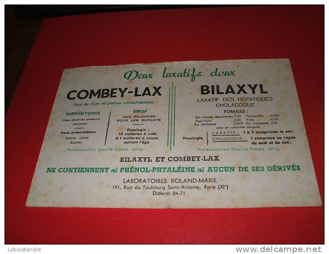BUVARD : COMBEY-LAX-BILAXYL-DEUX LAXATIFS DOUX-LABORATOIRES ROLAND-MARIE  /TAILLE : 21 CM X 13.5 CM - Produits Pharmaceutiques