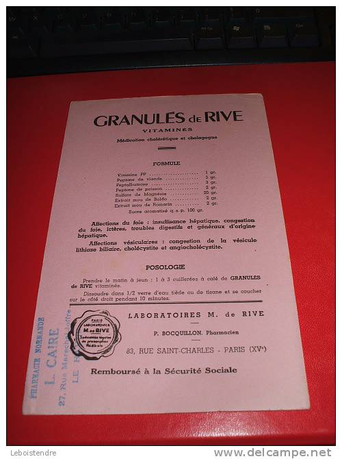 BUVARD :  GRANULES DE RIVE -LABORATOIRES M.DE RIVE  /TAILLE : 21 CM X 13.5 CM - Drogerie & Apotheke