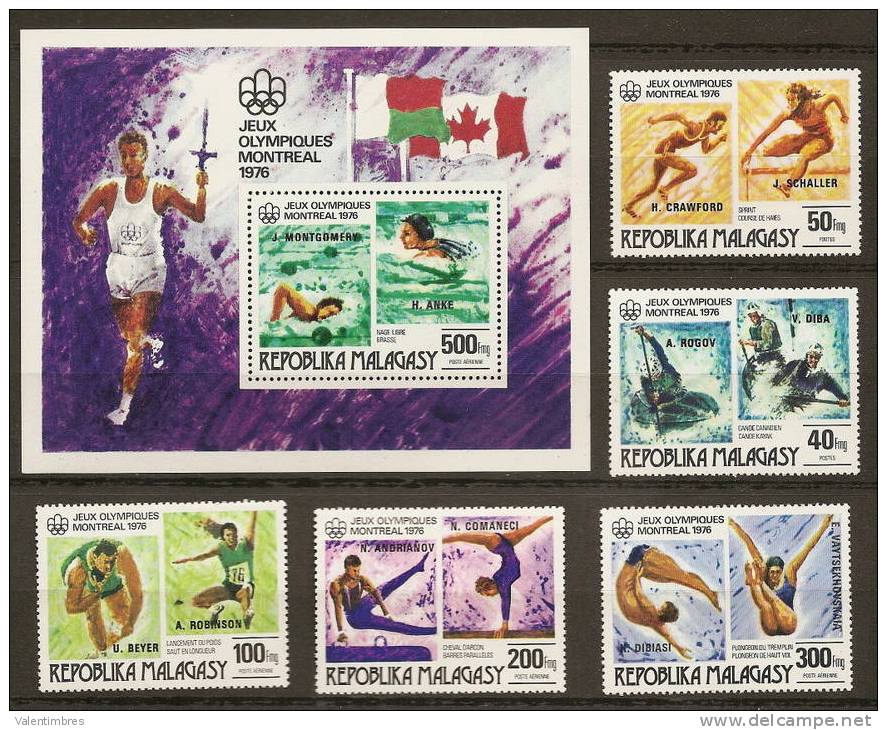 Madagascar  **  607/08+ A 174 /76+BF 16  Vainqueurs JO Montréal 1976 Kayak  Drapeaux Flamme Olympique - Estate 1976: Montreal