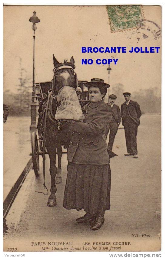 75..PARIS NOUVEAU..LES FEMMES COCHER..Mme CHARNIER DONNE L AVOINE A SON FAVORI....PLAN  ANIME..1907.TIMBRE + CACHET TAXE - Transporte Público