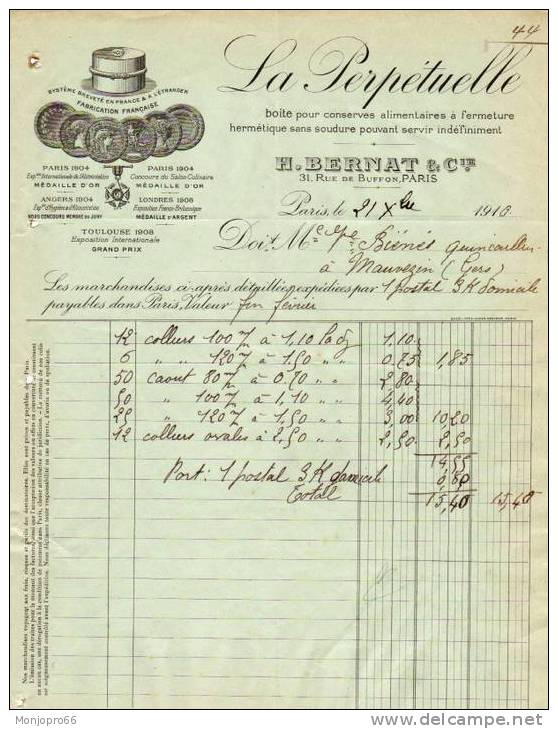 Facture De La Société La Perpètuelle (Boite Hermétique Alimentaire) H. BERNAT & Cie De Paris Et De 1910 - Chemist's (drugstore) & Perfumery