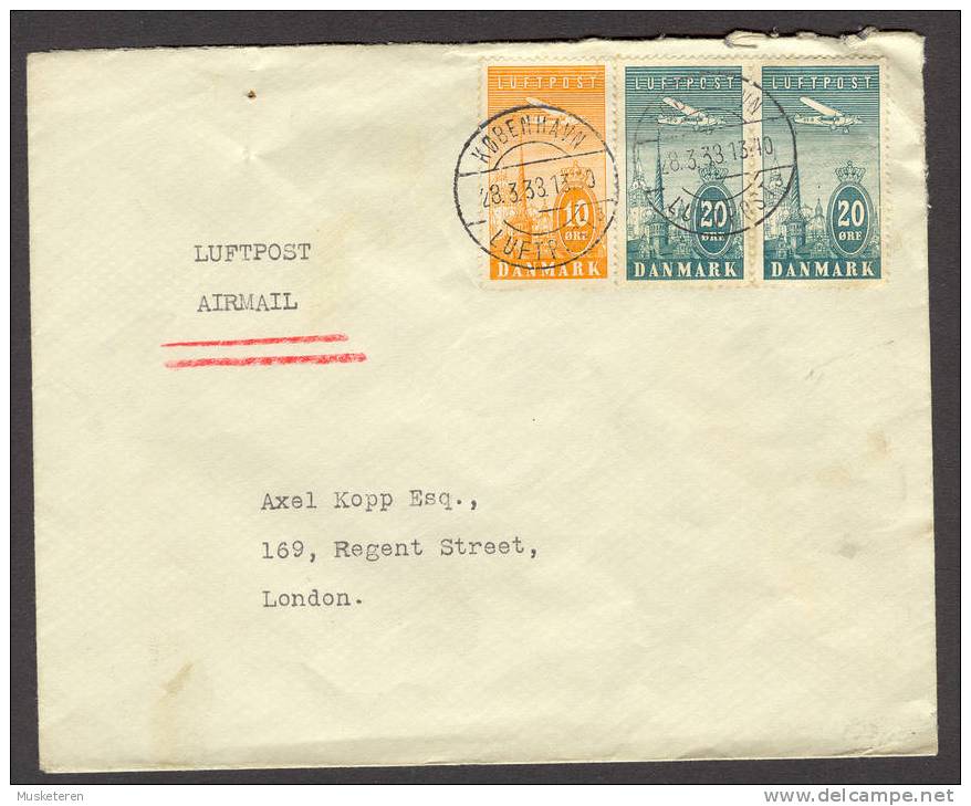 Denmark Airmail Deluxe KØBENHAVN LUFTPOST 1938 Cover Brief To LONDON England 1x 10 Øre & 2x 20 Øre - Posta Aerea