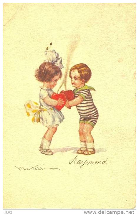 Castelli - Raymond - Petit Garcon Et Petite Fille Jouant Avec Chacun Un Coeur 1930 - Castelli