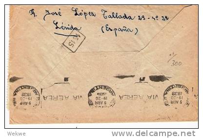 Ep225a/ España /  Brief Von Lerida Nach Argentina 1939, 6-er Einheit Isabella (Edifil 860) - Briefe U. Dokumente