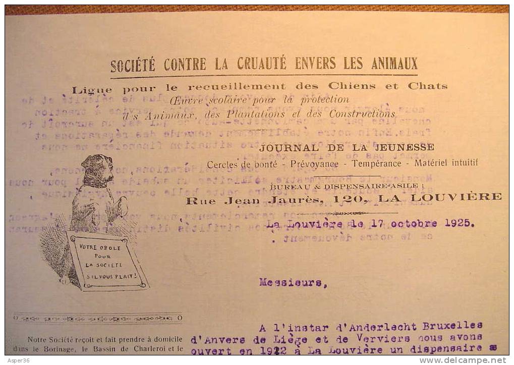 Lettre "Société Contre La Cruauté Envers Les Animaux, La Louvière 1925" - Collections