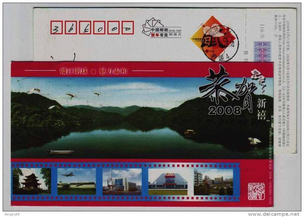Egret Bird,lake,airport,jinggangshan Railway Station,China 2008 Taihe Landscape Advertising Pre-stamped Card - Cigognes & échassiers