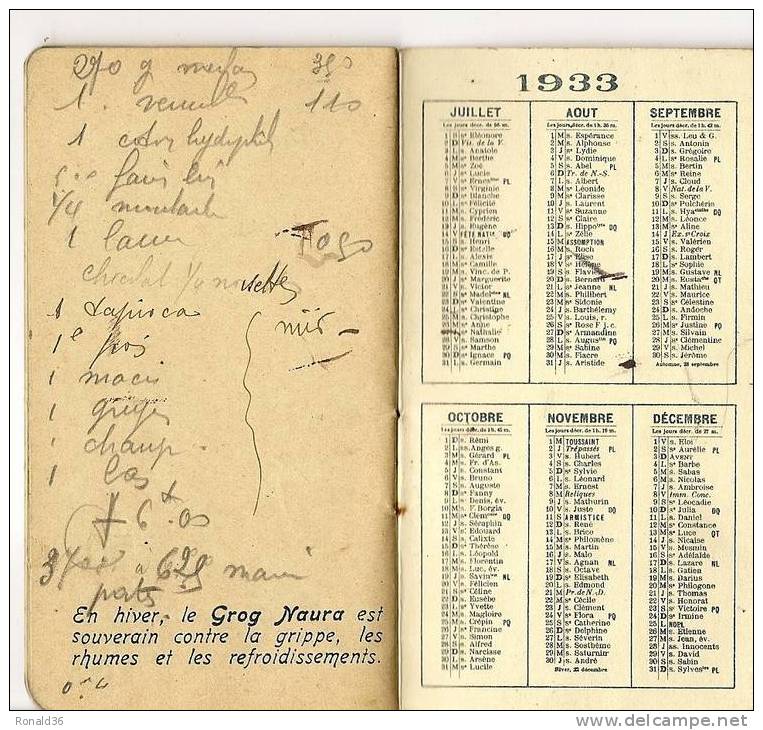 Agenda Calendrier 1933  établissements RHUM NAURA ( Grog) St Maurice - Other & Unclassified