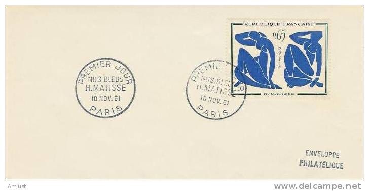 France FDC Lettre 1er Jour (No.1320 Yvert & Tellier ) Nus Bleus  10.11.1961 Paris - 1960-1969