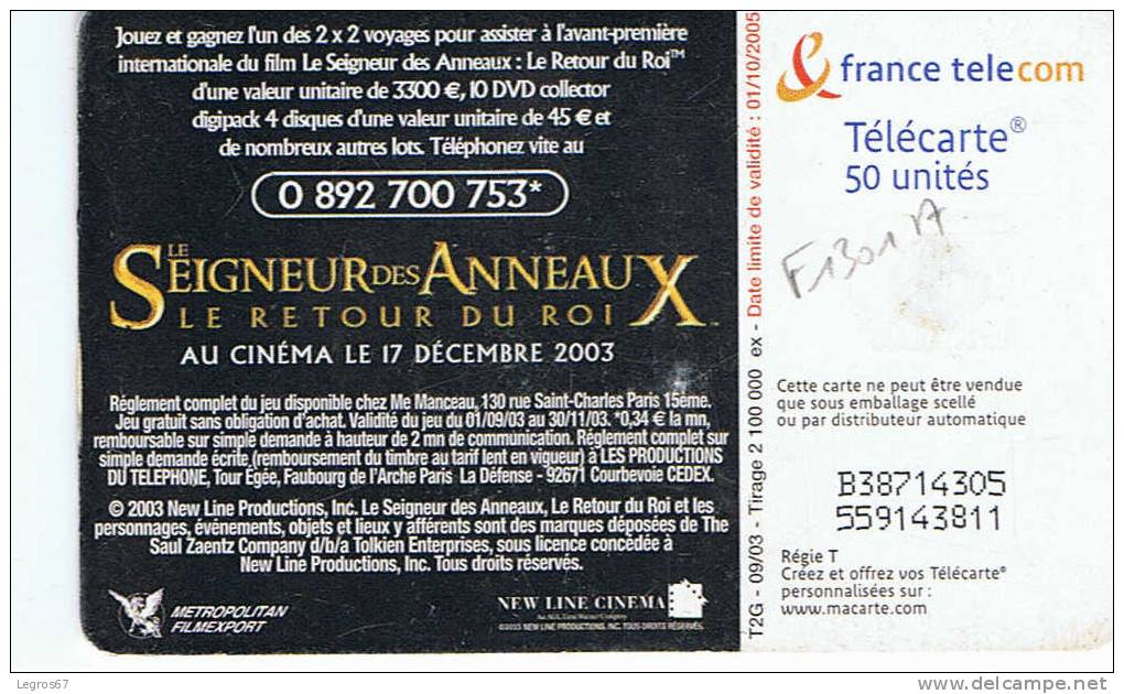 TELECARTE F 1301 A LE SEIGNEUR DES ANNEAUX 6 - 50 Units