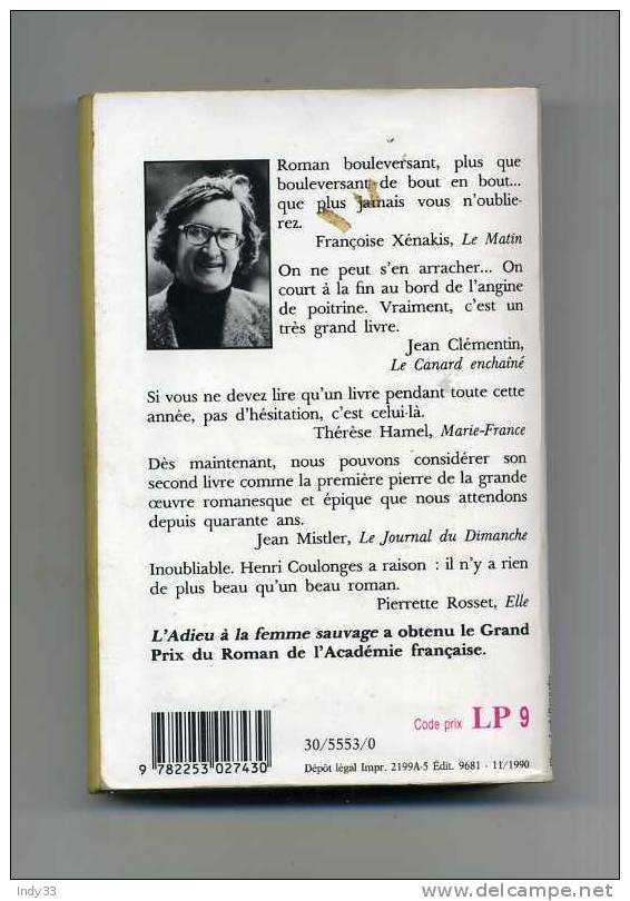 - L´ADIEU A LA FEMME SAUVAGE . PAR H. COULONGES . LE LIVRE DE POCHE N° 5553 1990 . - Aventura