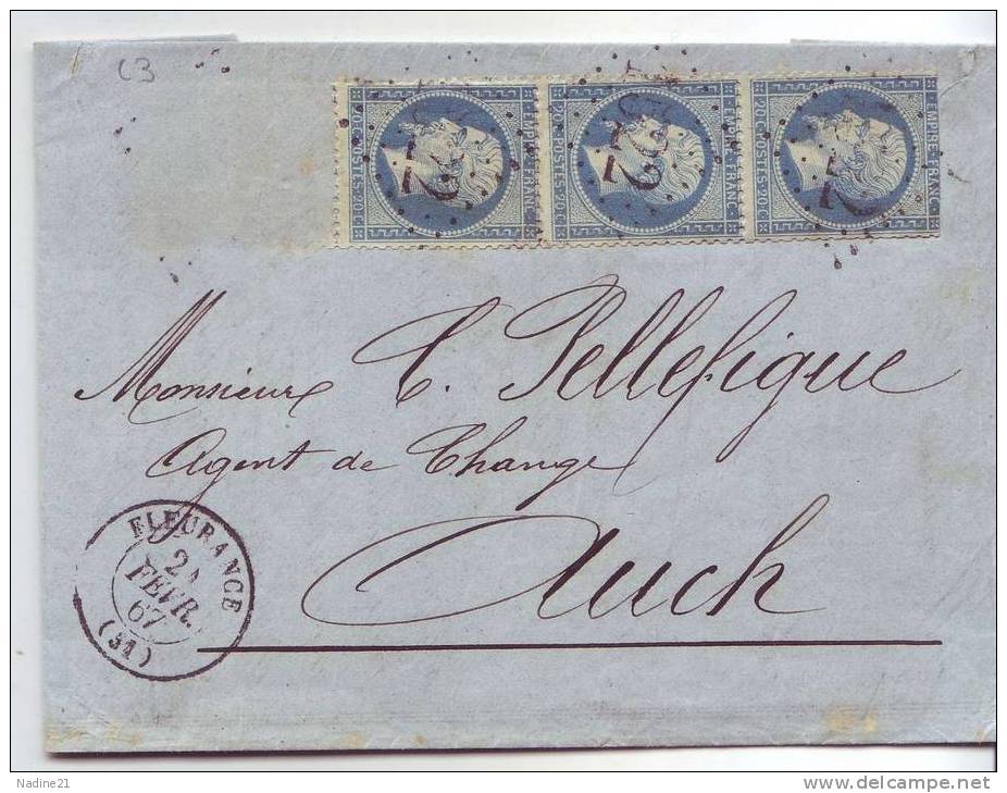 022. Devant De Lettre Bande De 3 N°22 De Fleurance à Auch - 1867 - 1849-1876: Période Classique