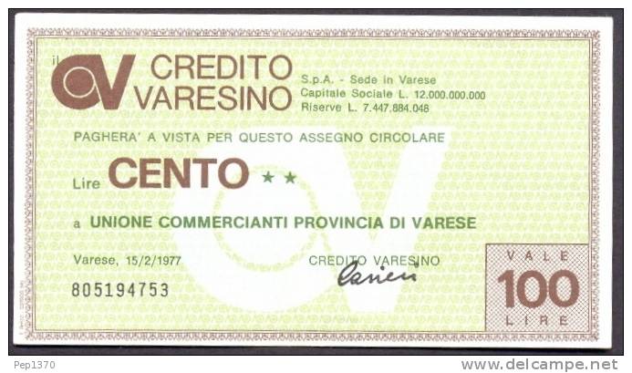 MINIASSEGNO - Banca - Credito Varesino - Varese 100 LIRE 1977 NUOVO PERFETO - Otros & Sin Clasificación