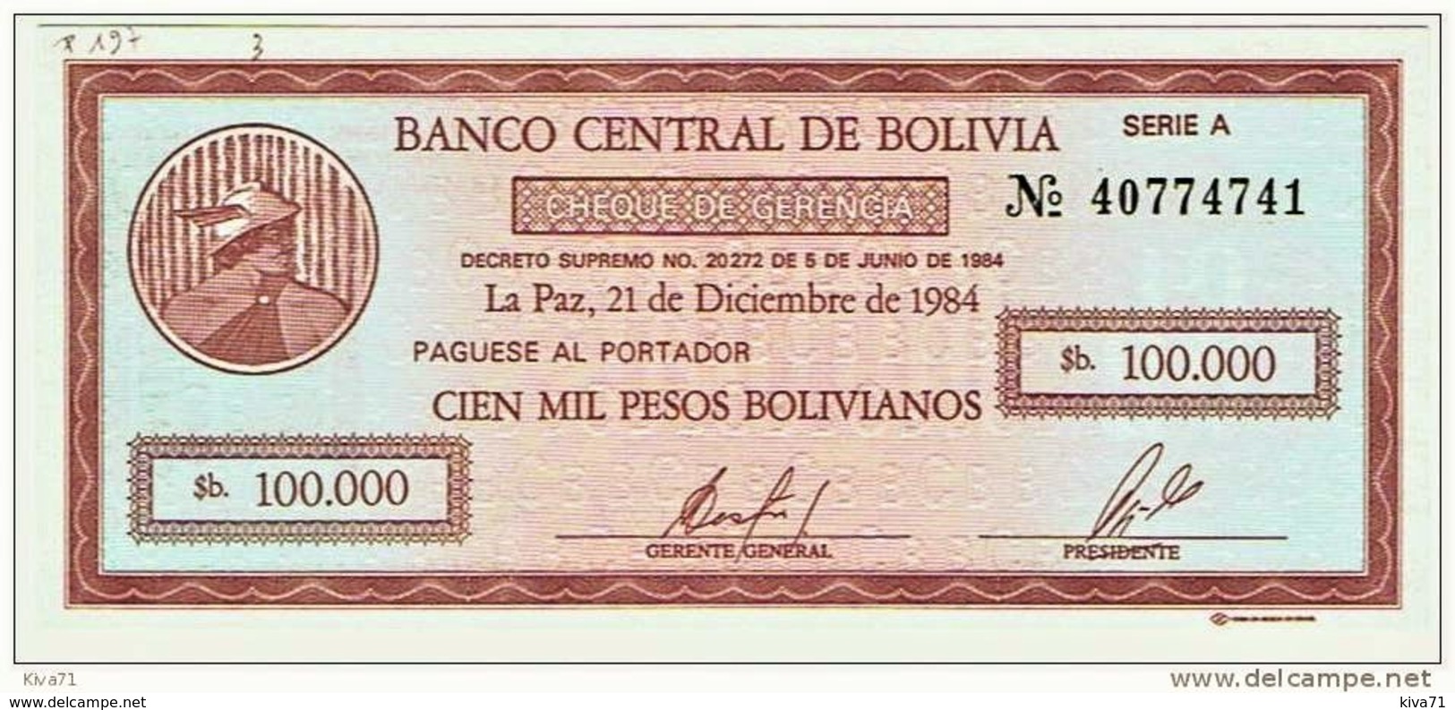 **Pas Courant** 100.000 Pesos  Chèque-monnaie  "BOLIVIE"  21 Décembre1984   P197  UNC  Ble 18 - Bolivia