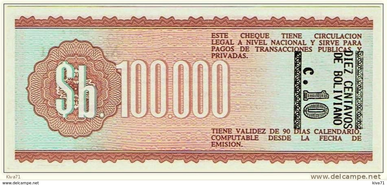 **Pas Courant** 100.000 Pesos  Chèque-monnaie  "BOLIVIE"  21 Décembre1984   P197  UNC  Ble 18 - Bolivia