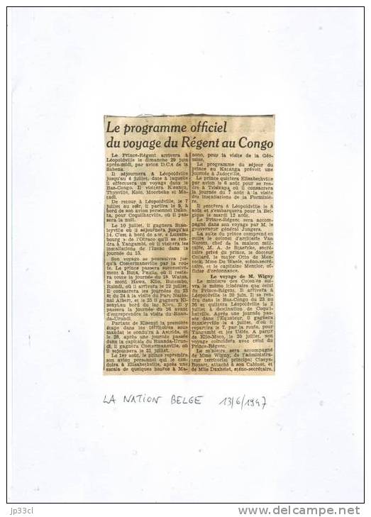 Le Programme Officiel Du Voyage Du Régent Charles De Belgique Au Congo (13/6/1947) - Informations Générales