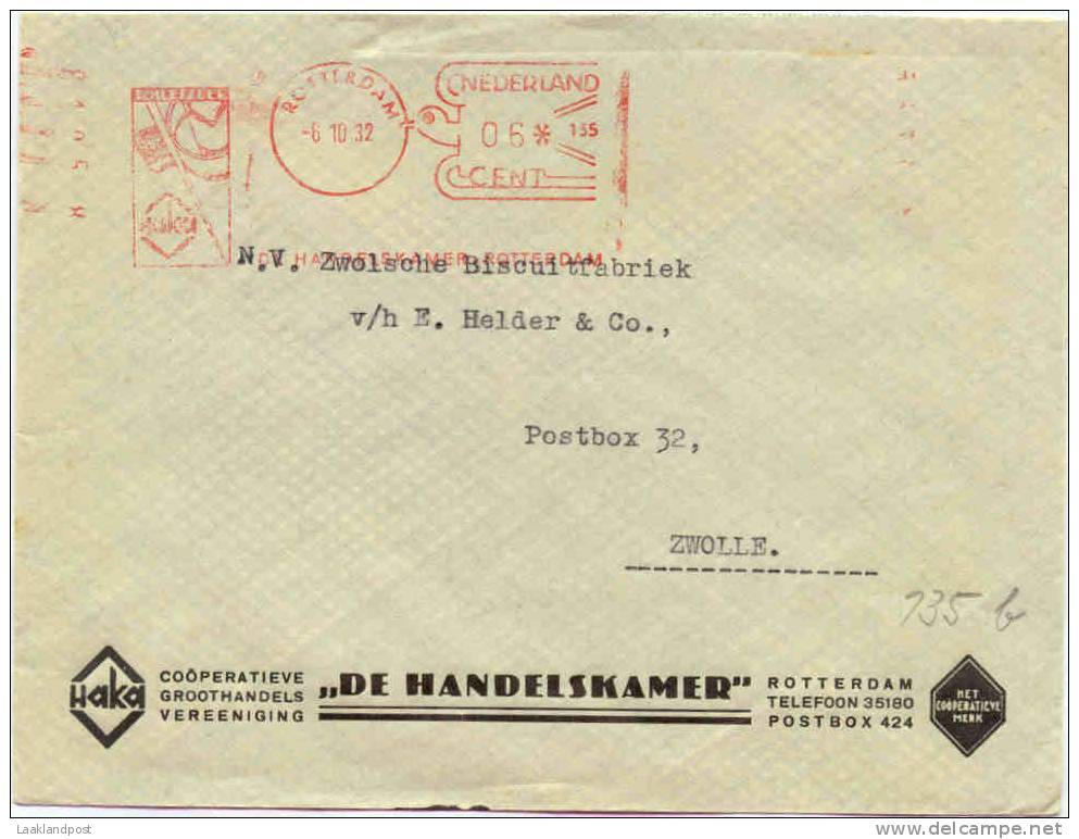 Netherlands Firm Cover Top Meter Komsuma (135b) De Handelskamer Rotterdam 6-10-1932 - Frankeermachines (EMA)