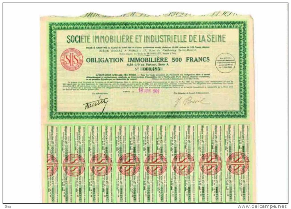 Société Immobilière Et Industrielle De La Seine - Obligation De 500 Francs - 19 Juin 1929 - Industrie