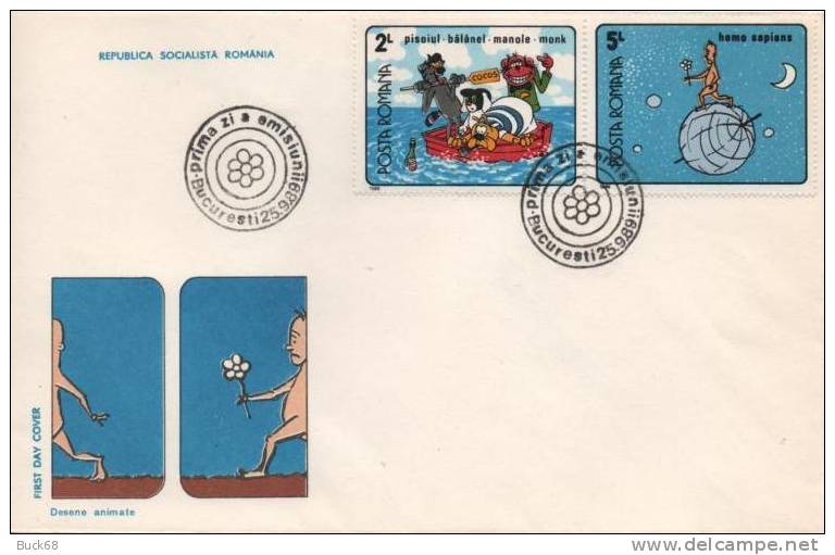 ROUMANIE ROMANIA Poste 3855 + 3859 FDC Premier Jour 1989 Dessin Animés Comics Cartoon Strips Bande Dessinée - Comics