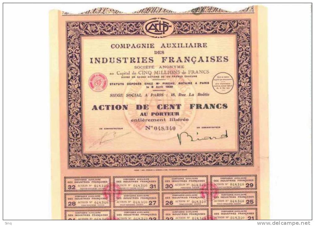 Compagnie Auxiliaire Des Industries Françaises - Action De 100 Francs - 08 Avril 1930 - Industrie