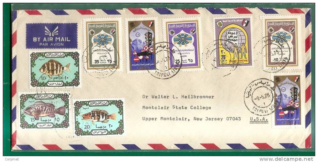 FLAGS And FISHES - Vf LIBYA PROFUSE FRANKING COVER - TRIPOLI To NEW JERSEY (9 Stamps) - Covers