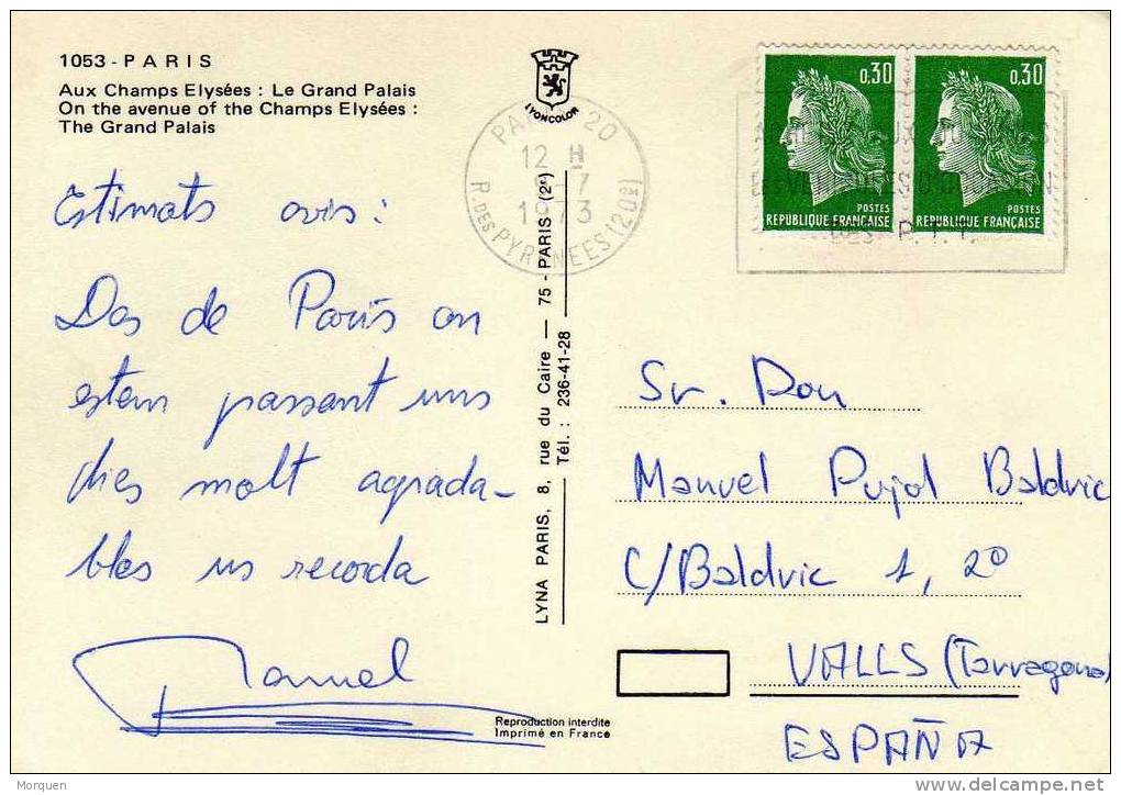 Postal Paris  20 (rue Pyrenees) 1973 Flamme - Briefe U. Dokumente