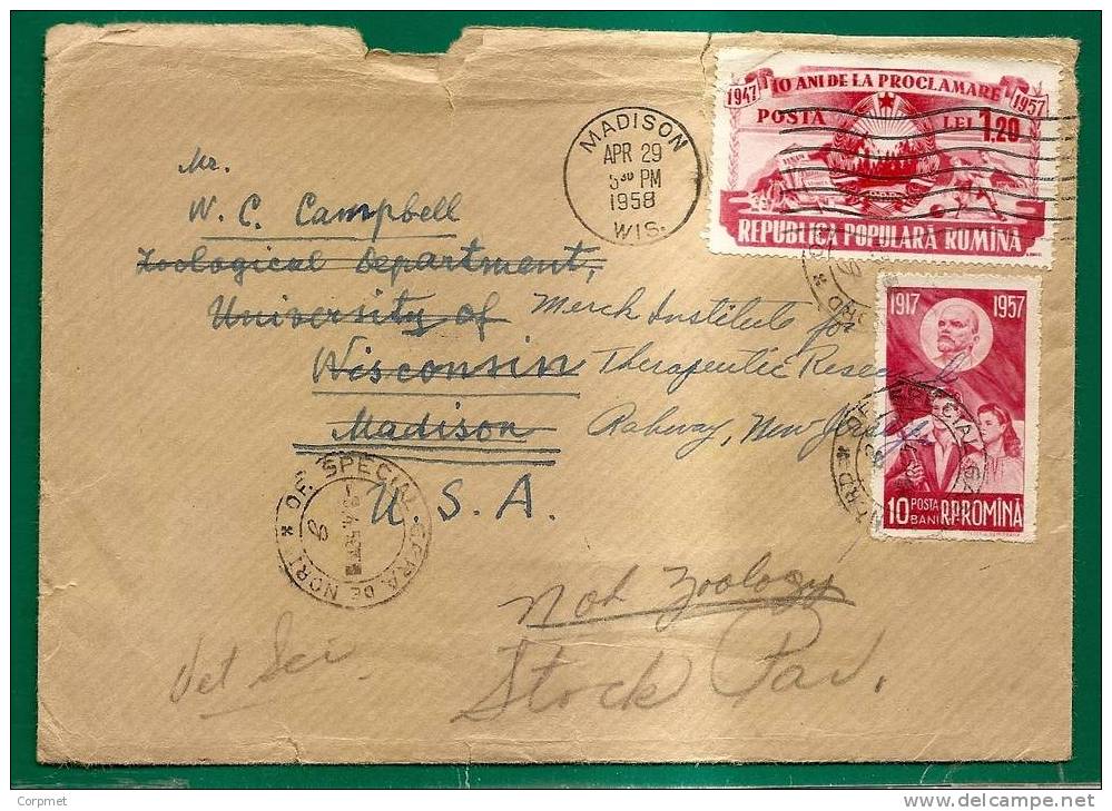 ROUMANIE - 1958 COVER To MADISON, USA - Yvert # 1544 - 1560 - Lettres & Documents