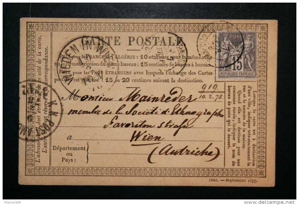 Carte Postale Pionnière Précurseure 8 Février 1878 De Bordeaux à Wien Vienne - 15 C Sage - 4 Cachets - Other & Unclassified