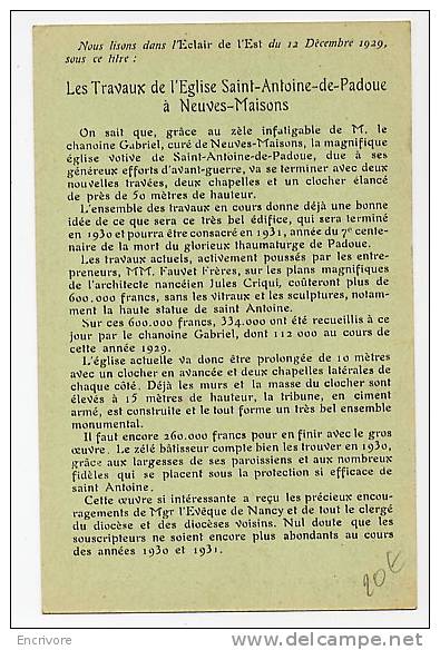 Cpa NEUVES MAISONS Travaux De Construction De L´église SAINT ANTOINE DE PADOUE 1929 - Neuves Maisons