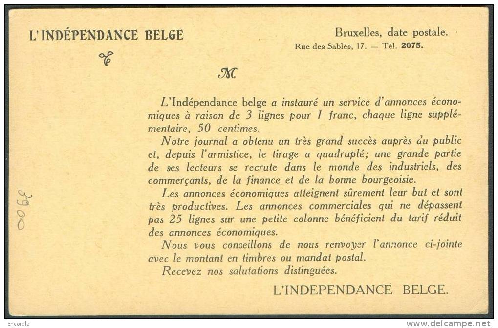 EP Carte Roi Casqué 10 Cent. Rouge S/crème Neuve Avec (verso) Repiquage L´indépendance Belge Service D´annonces économiq - Tarjetas 1909-1934